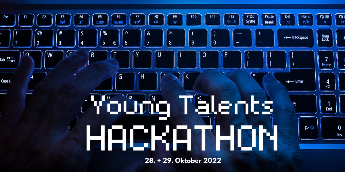 Tastatur mit Händen im Dunkeln und Text 'Young Talents Hackathon, 28. + 29. Oktober 2022', vermarktet für IT-Event-Suchende in der Schweiz.